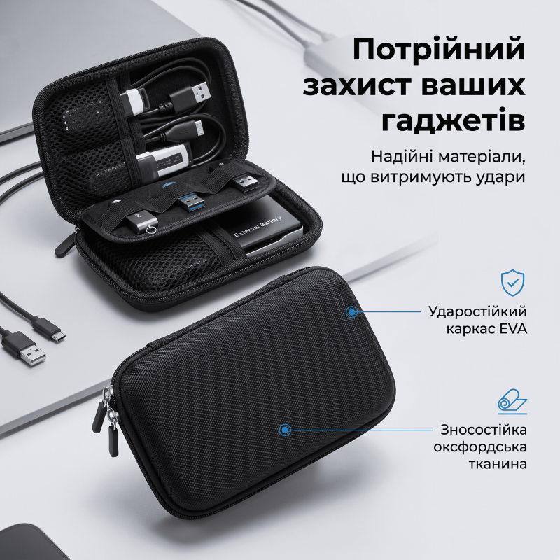 Чорний органайзер для електроніки та кабелів GHKJOK GH1310 16.7 x 11 x 4.5 см