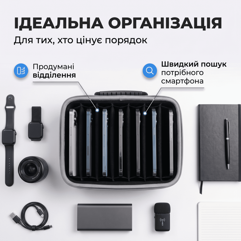 Кейс органайзер для смартфоні на 7 пристроїв для стрімів SMM та блогерів (Сірий) 21 х 15.5 х 8.2 см