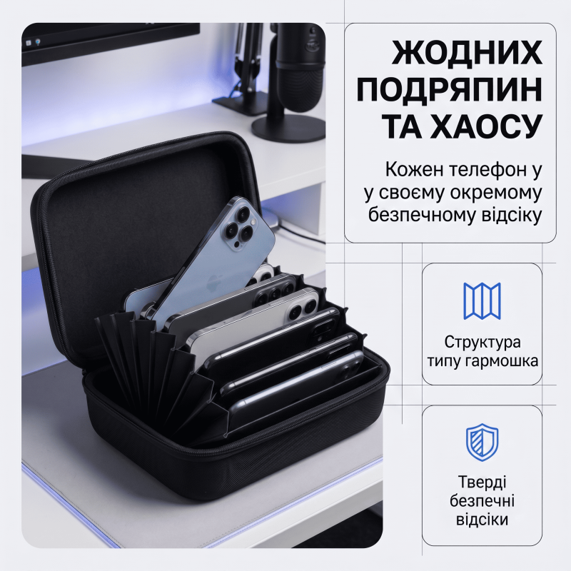 Кейс органайзер для смартфоні на 7 пристроїв для стрімів SMM та блогерів (Чорний) 21 х 15.5 х 8.2 см