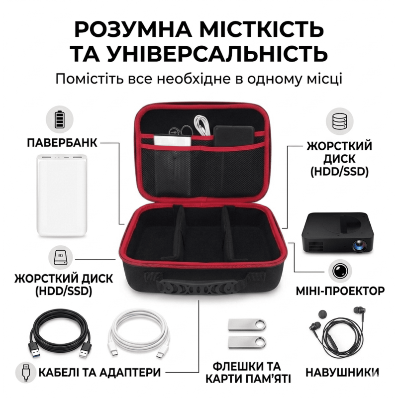 Протиударний органайзер для електроніки та кабелів (жорсткий кейс EVA), 28х20х10 см, Чорний