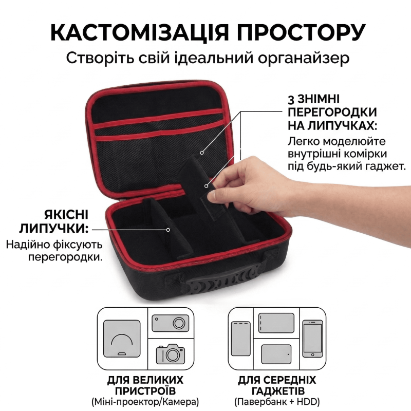 Протиударний органайзер для електроніки та кабелів (жорсткий кейс EVA), 28х20х10 см, Чорний