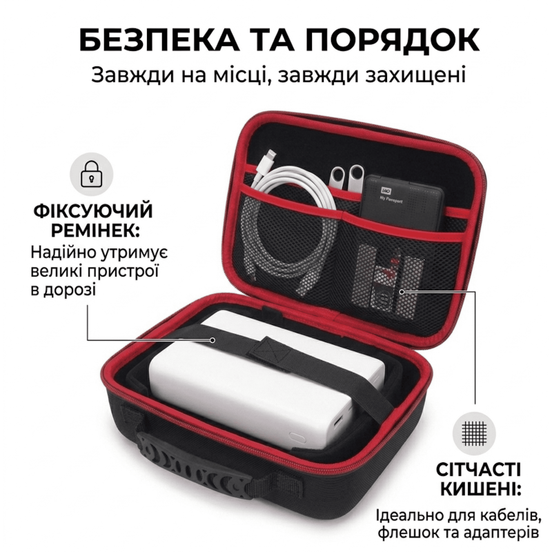 Протиударний органайзер для електроніки та кабелів (жорсткий кейс EVA), 28х20х10 см, Чорний