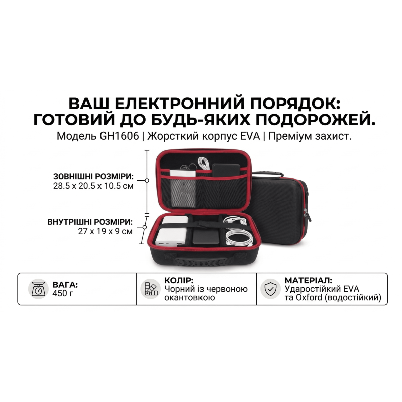 Протиударний органайзер для електроніки та кабелів (жорсткий кейс EVA), 28х20х10 см, Чорний