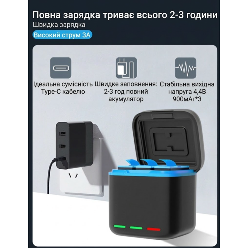 Зарядное устройство для GoPro 9/10/11/12 на 3 батареи