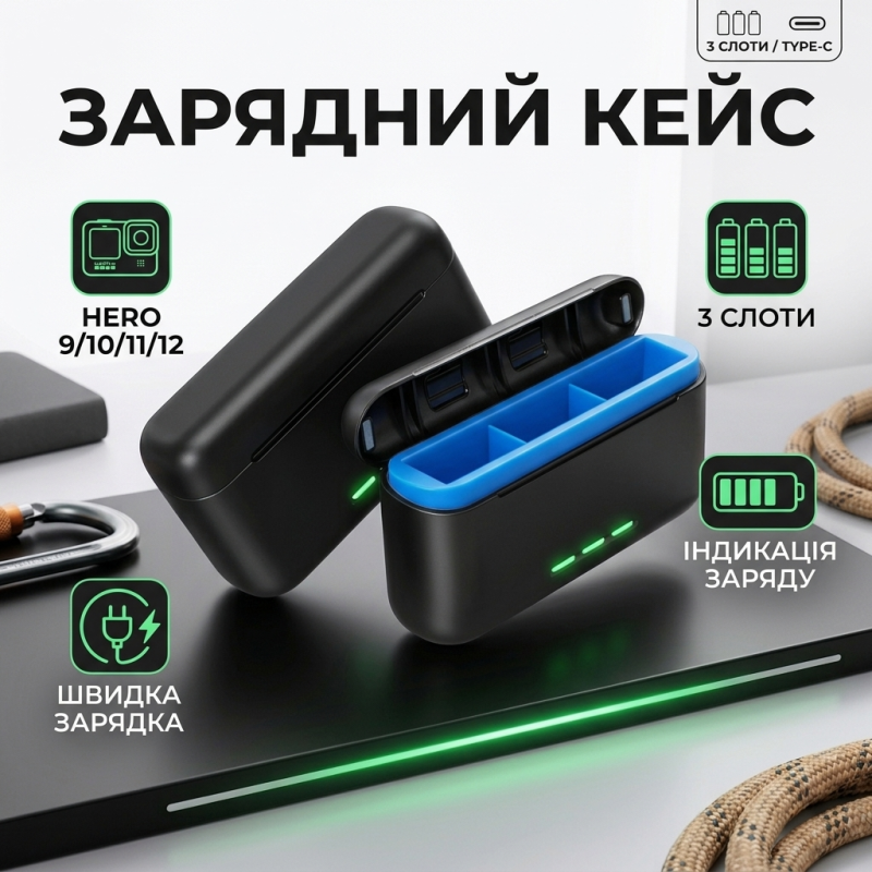 Зарядний кейс для акумуляторів GoPro Hero 12/11/10/9 на 3 слоти