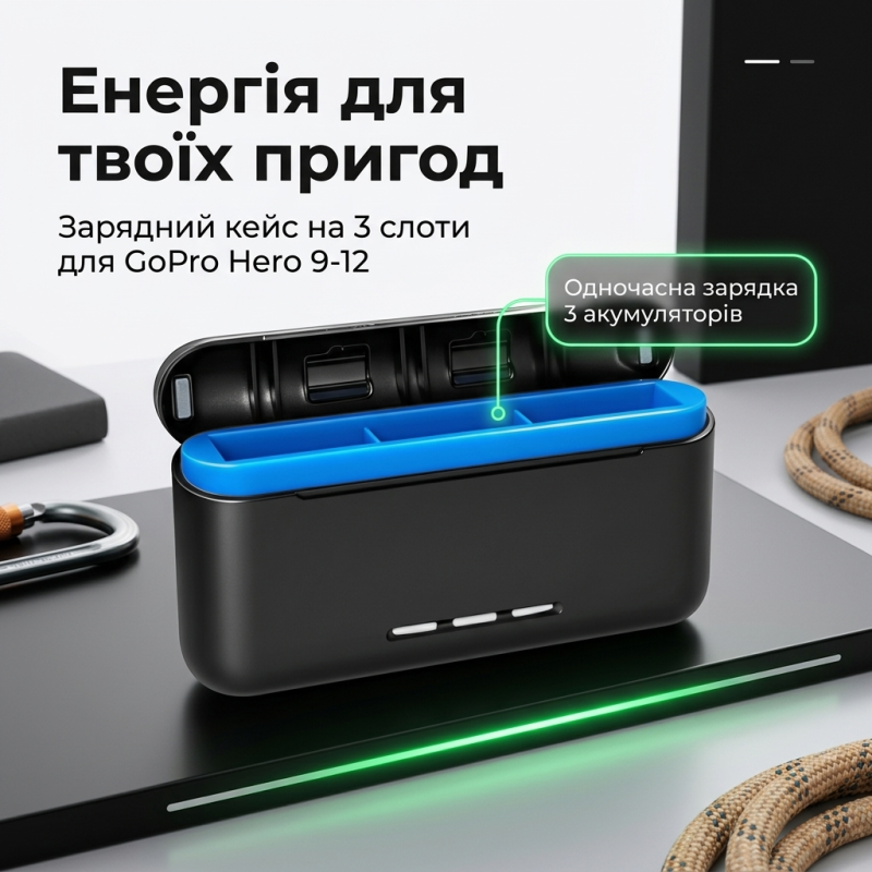 Зарядний кейс для акумуляторів GoPro Hero 12/11/10/9 на 3 слоти