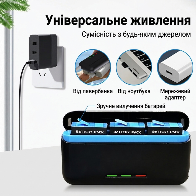 Зарядний кейс для акумуляторів GoPro Hero 12/11/10/9 на 3 слоти