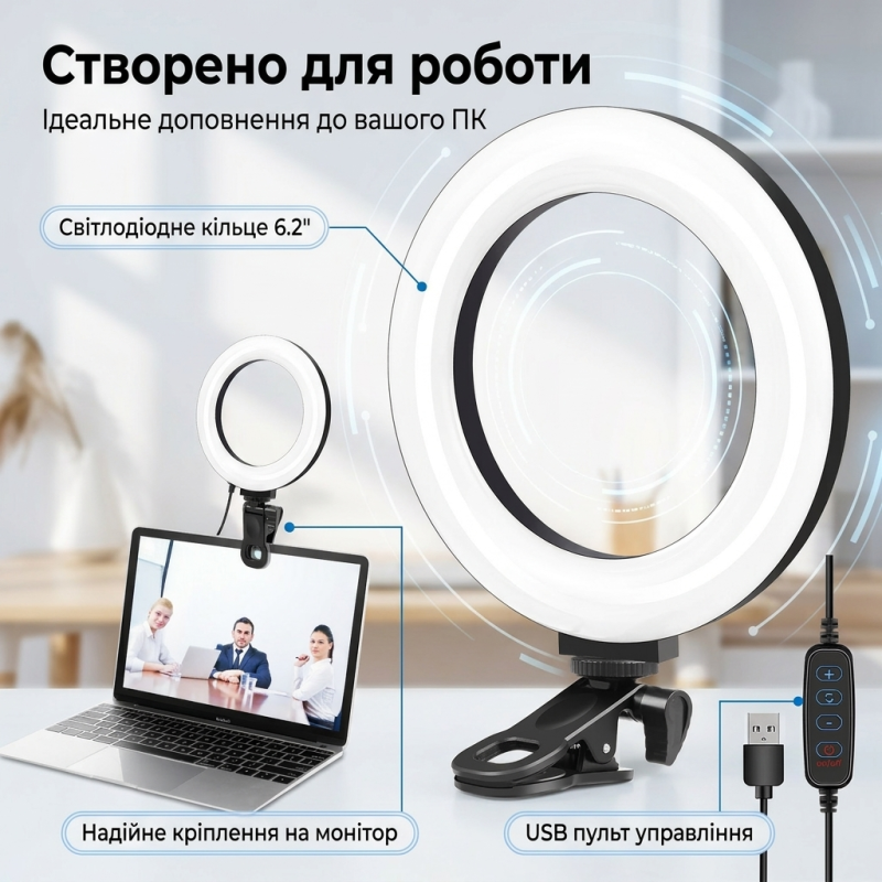 Кільцева лампа на прищіпці Puluz PU568B для відеоконференцій, стрімів Zoom з 3 режимами світла (16 см)