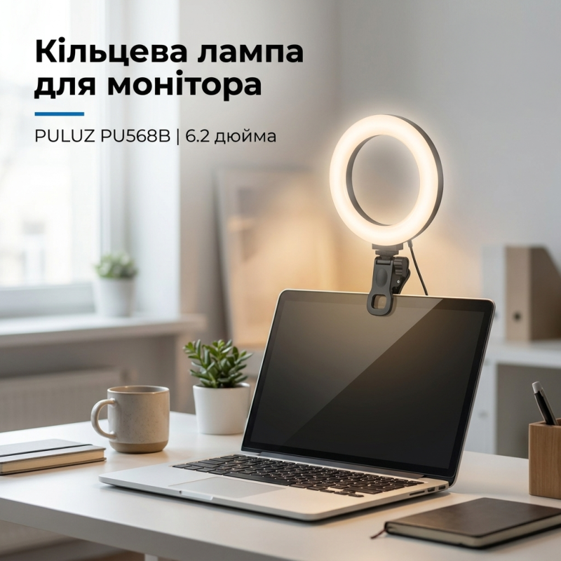Кільцева лампа на прищіпці Puluz PU568B для відеоконференцій, стрімів Zoom з 3 режимами світла (16 см)