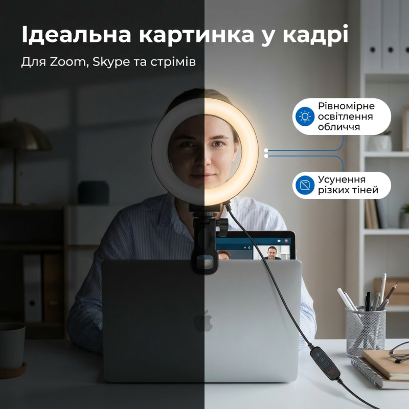 Кільцева лампа на прищіпці Puluz PU568B для відеоконференцій, стрімів Zoom з 3 режимами світла (16 см)