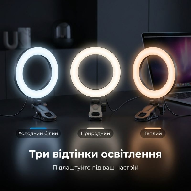 Кільцева лампа на прищіпці Puluz PU568B для відеоконференцій, стрімів Zoom з 3 режимами світла (16 см)