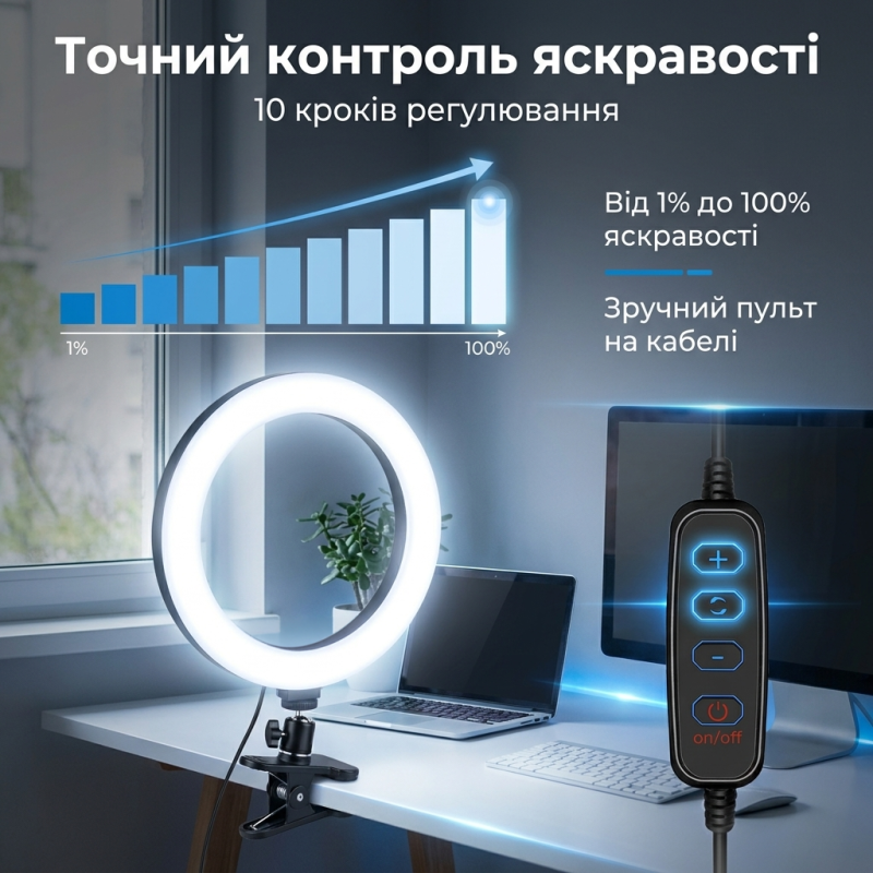 Кільцева лампа на прищіпці Puluz PU568B для відеоконференцій, стрімів Zoom з 3 режимами світла (16 см)