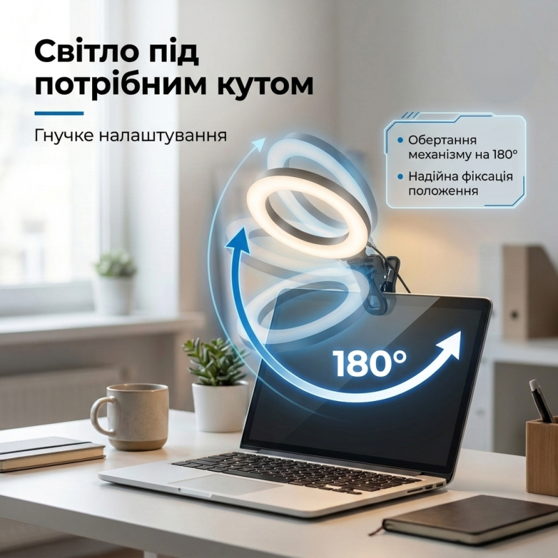 Кільцева лампа на прищіпці Puluz PU568B для відеоконференцій, стрімів Zoom з 3 режимами світла (16 см)