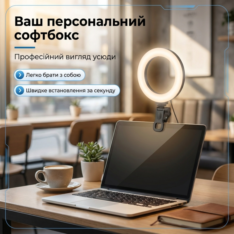 Кільцева лампа на прищіпці Puluz PU568B для відеоконференцій, стрімів Zoom з 3 режимами світла (16 см)
