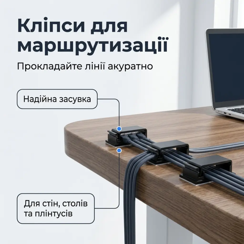 Набір органайзерів для кабелів 173 предмети – самоклеючі кліпси, тримачі та стяжки для дротів, чорний