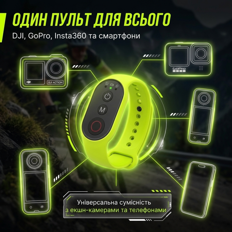 Бездротовий пульт керування для екшн-камер із кріпленням на руку, для DJI, Insta360, GoPro та смартфона 50 м MARTVSEN (Лимонно-зелений)