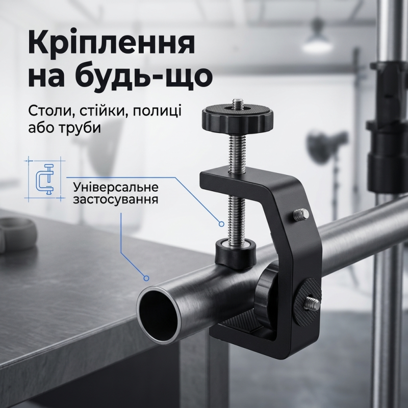 Універсальна струбцина для камери та студійного світла з максимальним навантаженням до 5 кг