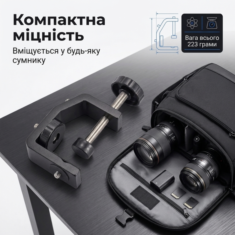 Універсальна струбцина для камери та студійного світла з максимальним навантаженням до 5 кг