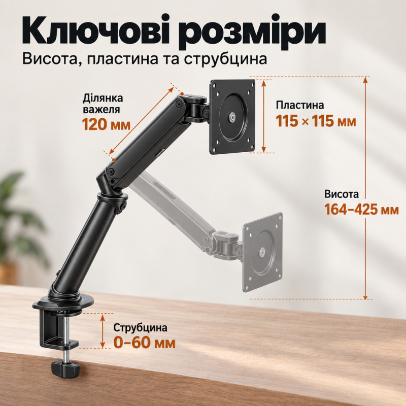 Настільний кронштейн для монітора 17–32″ з адаптером для кріплення без VESA