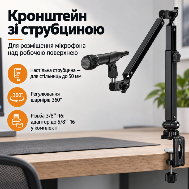 Настільний кронштейн пантограф для мікрофона зі струбциною та тримачем для мікрофона і різьбою 3/8″–5/8″