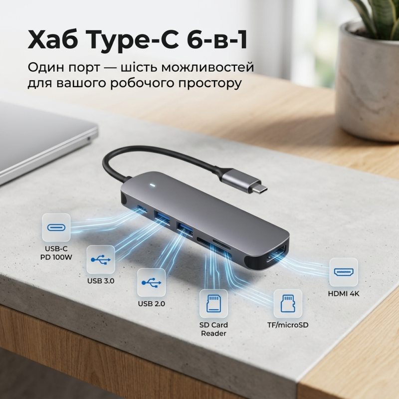 USB хаб Type-C 6 в 1 для ноутбука та MacBook — HDMI 4K, PD 100W, USB 3.0, SD/TF кардрідер