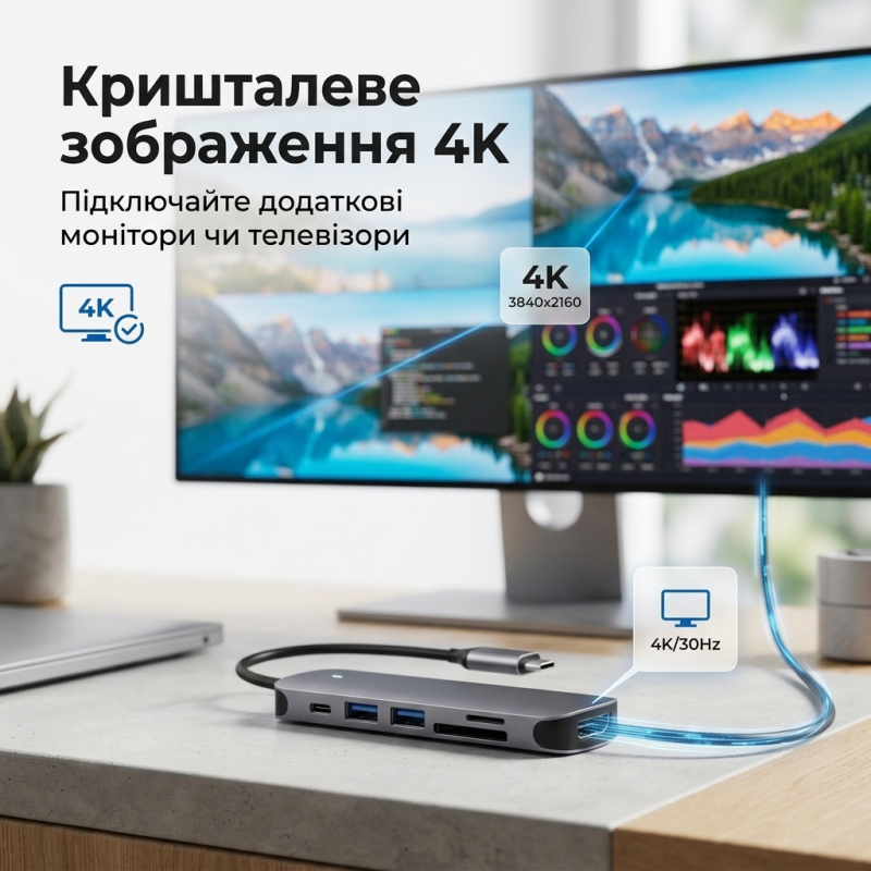 USB хаб Type-C 6 в 1 для ноутбука та MacBook — HDMI 4K, PD 100W, USB 3.0, SD/TF кардрідер