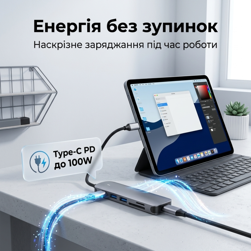 USB хаб Type-C 6 в 1 для ноутбука та MacBook — HDMI 4K, PD 100W, USB 3.0, SD/TF кардрідер