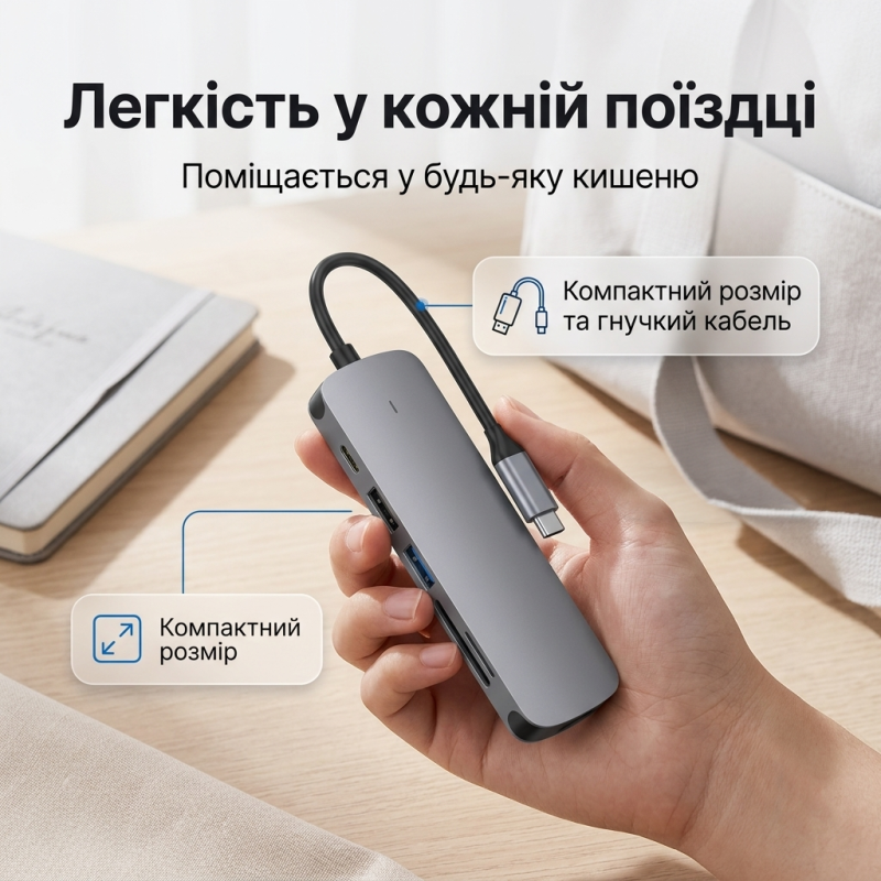 USB хаб Type-C 6 в 1 для ноутбука та MacBook — HDMI 4K, PD 100W, USB 3.0, SD/TF кардрідер