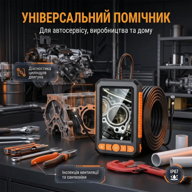 Відеоендоскоп з двома камерами 1080P, екран 4.3", кабель 5 м, IP67 для СТО та труб