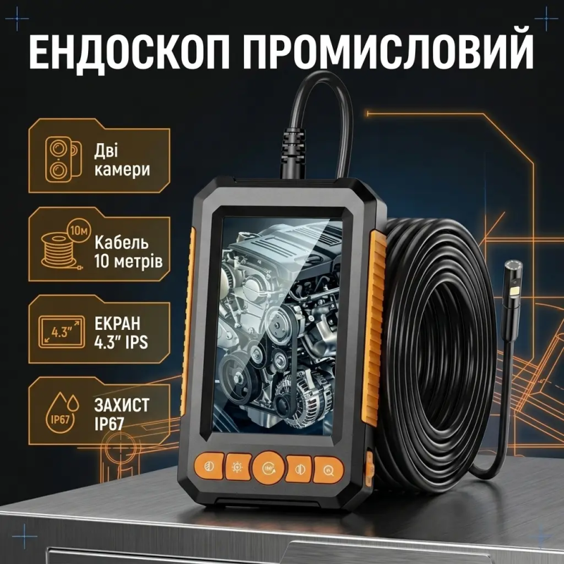 Відеоендоскоп з двома камерами 1080P, екран 4.3", кабель 10 м, IP67 для СТО та труб