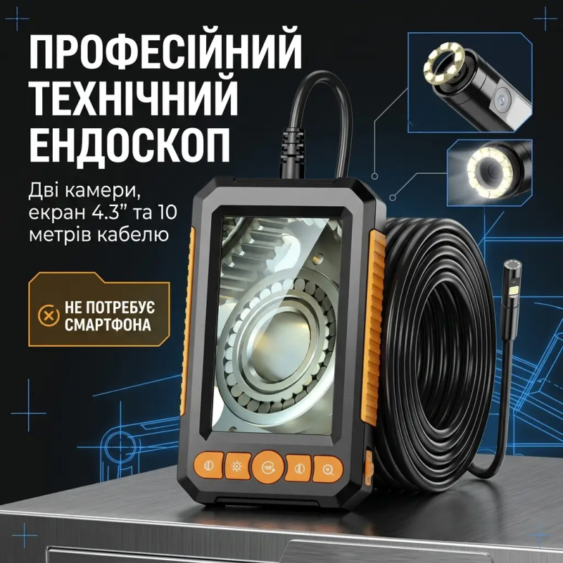 Відеоендоскоп з двома камерами 1080P, екран 4.3", кабель 10 м, IP67 для СТО та труб