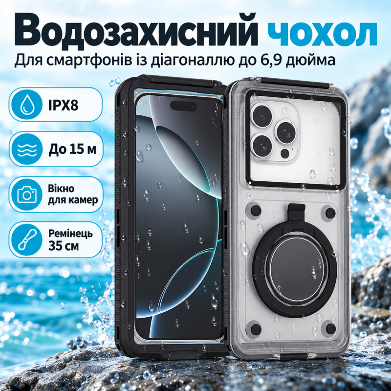 Водонепроникний чохол для смартфона до 6,9″ IPX8 з вікном для камери та ремінцем