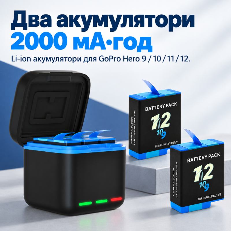 Зарядний кейс для акумуляторів GoPro Hero 9/10/11/12 з 2 батареями 2000 мА·год