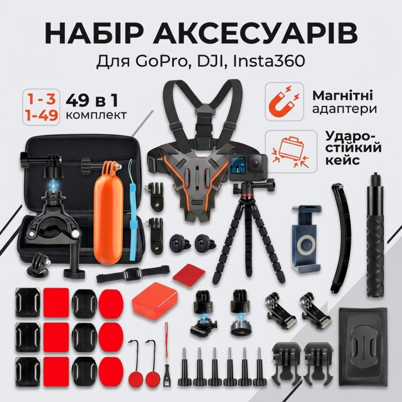 Набір аксесуарів для екшн-камер 49 в 1 з кейсом для GoPro, DJI, Insta360