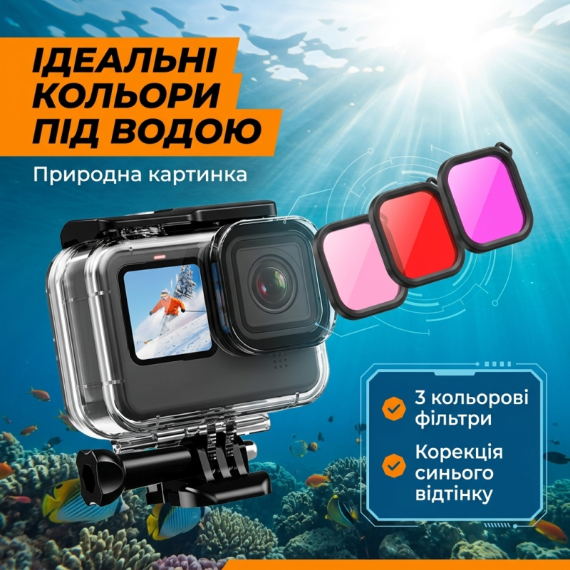Набір аксесуарів 5в1 для GoPro Hero 9/10/11/12 з аквабоксом, фільтрами та захисним склом