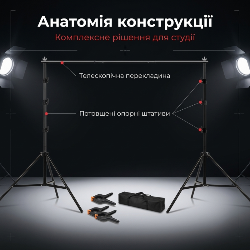 Стійка-ворота для фону з посиленими штативами, чохлом та затискачами 2.6х3 м