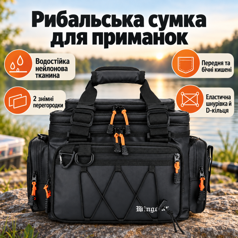 Рибальська водостійка сумка для снастей, котушок та приманок (39х23х26-36 см)