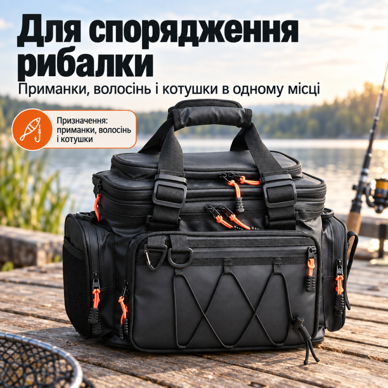 Рибальська водостійка сумка для снастей, котушок та приманок (39х23х26-36 см)