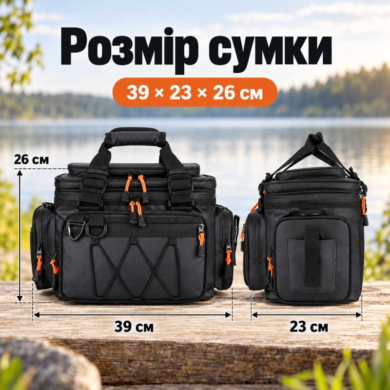 Рибальська водостійка сумка для снастей, котушок та приманок (39х23х26-36 см)