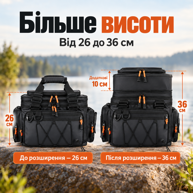 Рибальська водостійка сумка для снастей, котушок та приманок (39х23х26-36 см)