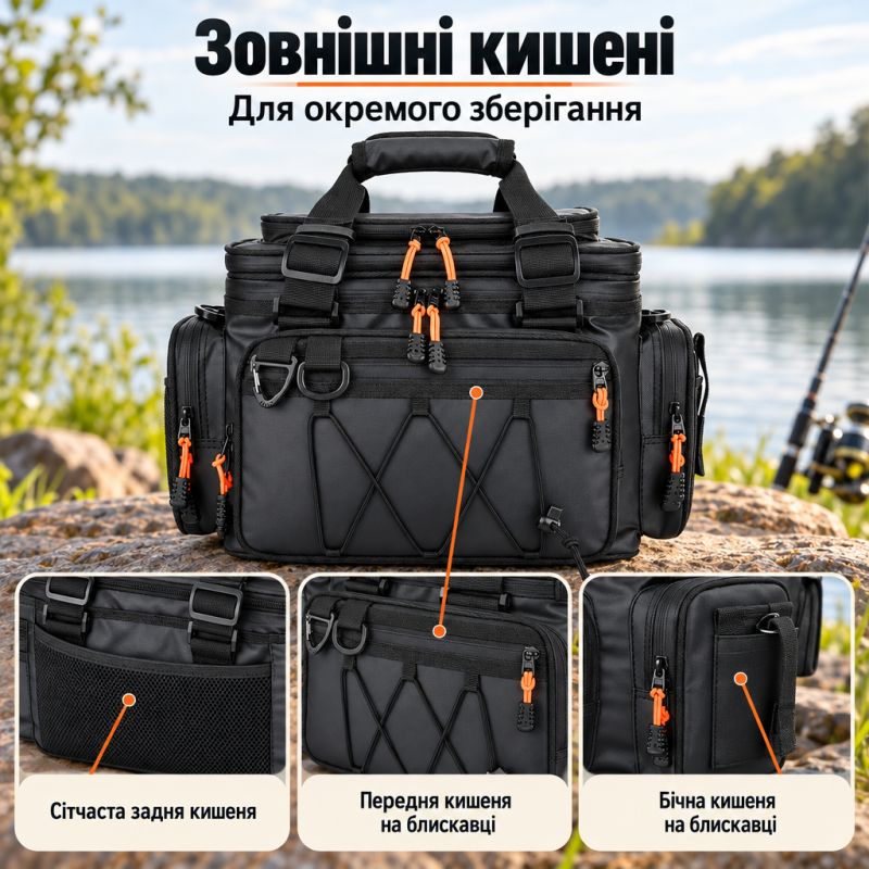 Рибальська водостійка сумка для снастей, котушок та приманок (39х23х26-36 см)
