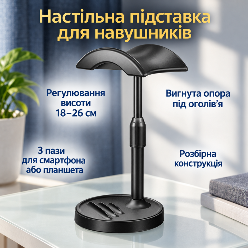 Настільна підставка тримач для навушників з підставкою для смартфона та планшета з регулюванням висоти 18–26 см