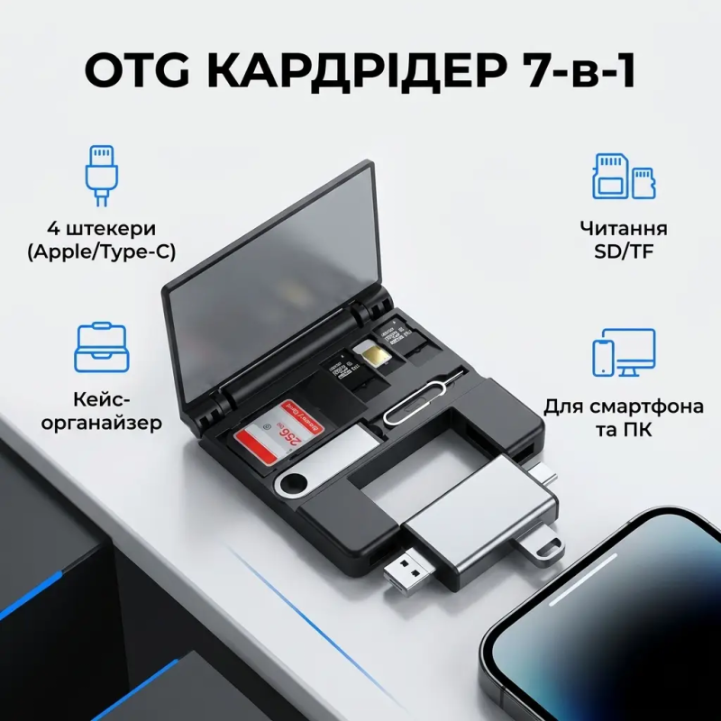 Багатофункціональний OTG кардрідер 7-в-1 з кейсом-органайзером для SD/TF карт Type-C Lightning Micro-USB для iPhone Android