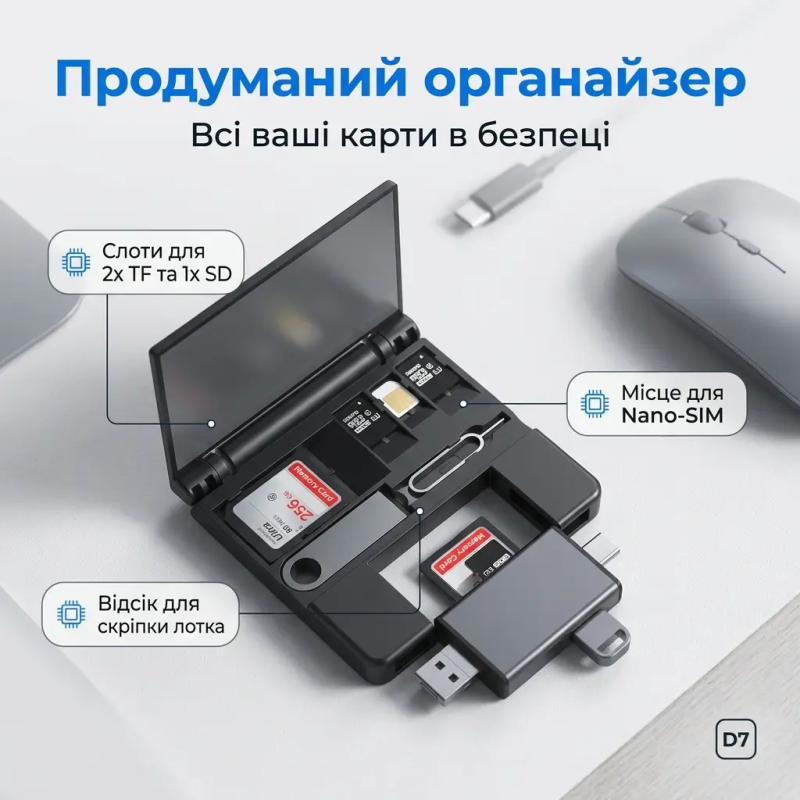 Багатофункціональний OTG кардрідер 7-в-1 з кейсом-органайзером для SD/TF карт Type-C Lightning Micro-USB для iPhone Android