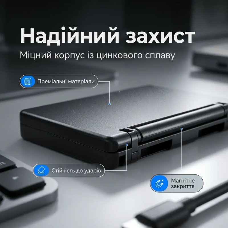 Багатофункціональний OTG кардрідер 7-в-1 з кейсом-органайзером для SD/TF карт Type-C Lightning Micro-USB для iPhone Android