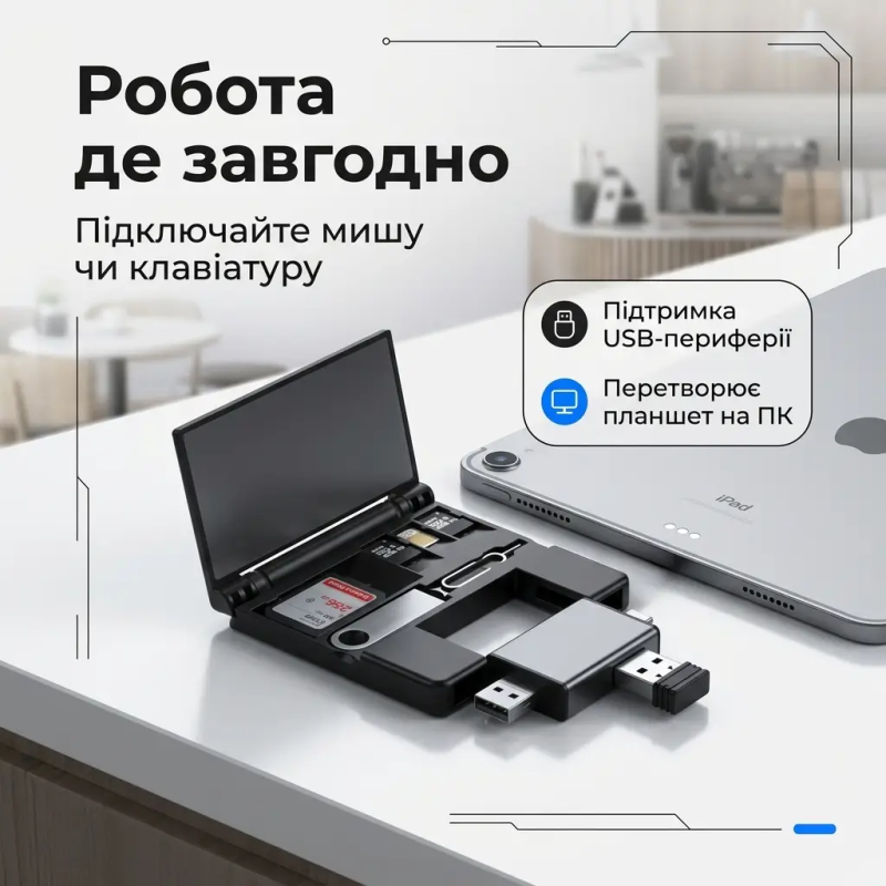 Багатофункціональний OTG кардрідер 7-в-1 з кейсом-органайзером для SD/TF карт Type-C Lightning Micro-USB для iPhone Android