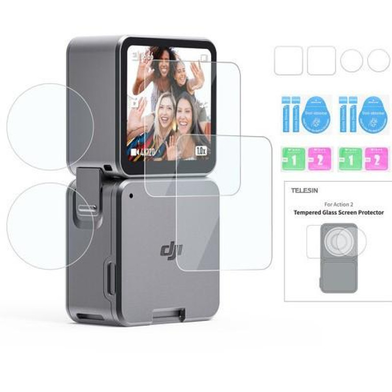 Комплект защитных пленок для DJI Action 2 TELESIN Power Combo (2 пленки для объектива, 2 пленки для экрана)