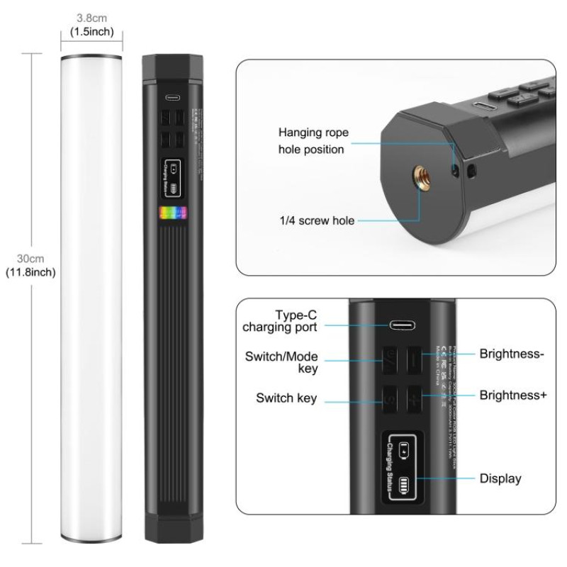 Магнитный портативный свет Puluz PU4139 30 см LED RGB 3000mAh 2500-9000K