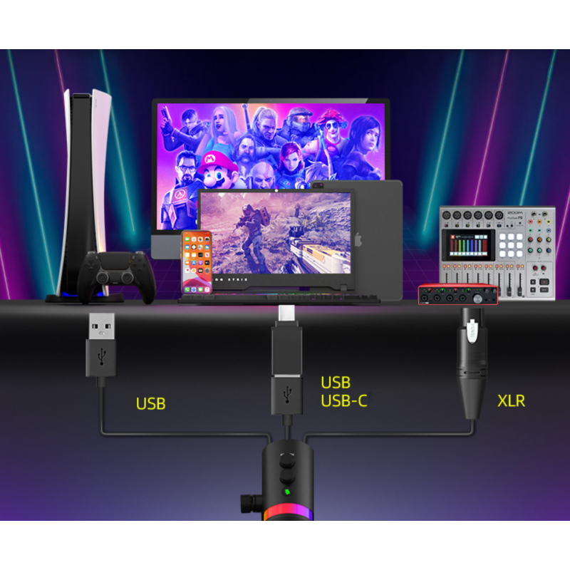 Микрофон динамический AMACEX NV7 USB/XLR с RGB подсветкой