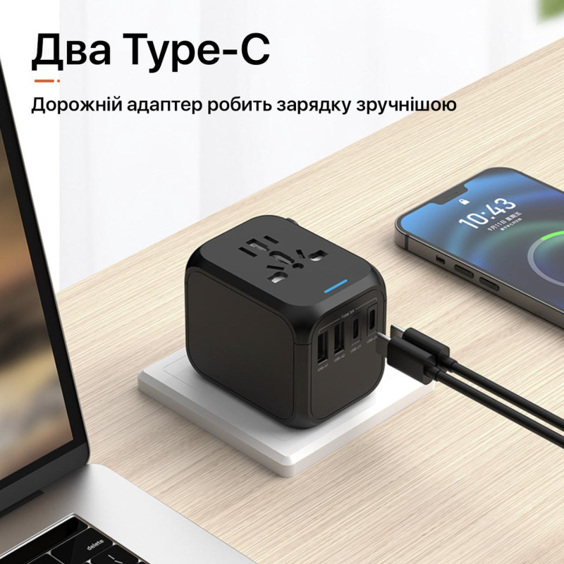 Універсальний адаптер для подорожей USB Type-C Travel Adapter (Чорний)